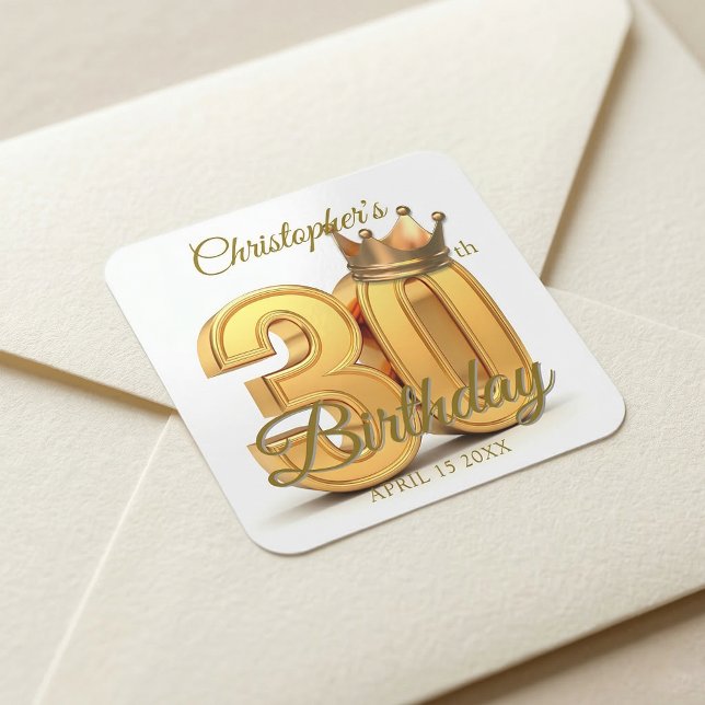 Elegant 3D Gold Crown 30th Birthday Party Quadratischer Aufkleber (Von Creator hochgeladen)