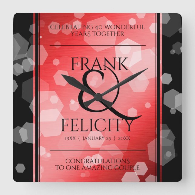 Elegant 40. 80. Ruby Wedding Jubiläum Quadratische Wanduhr (Vorderseite)