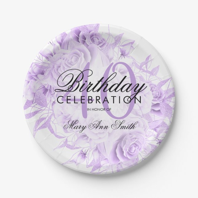 Elegant 40. Geburtstag Party Floral Lila Pappteller (Vorderseite)