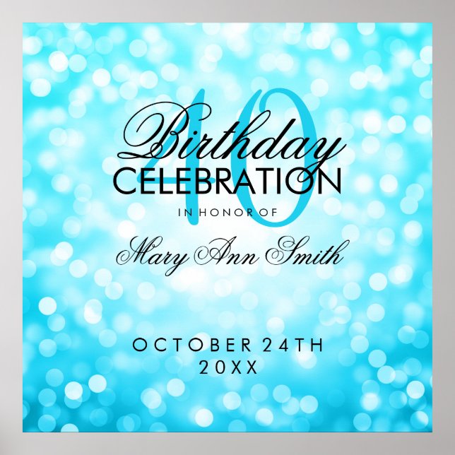 Elegant 40. Geburtstag Party Glitzer Lights Turquo Poster (Vorne)