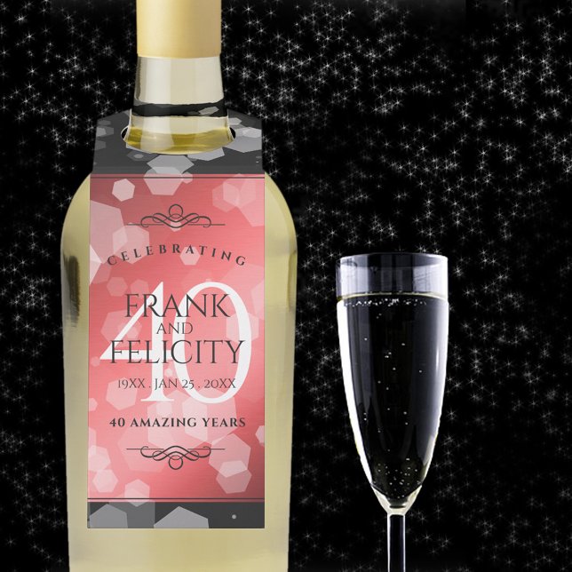 Elegant 40. Ruby Hochzeitstag Feier Flaschenanhänger (40th ruby wedding anniversary bottle hanger with champagne flute on a starry night sky.)