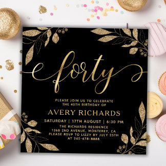 Elegant 40 Script Gold Black 40. Geburtstag Einladung