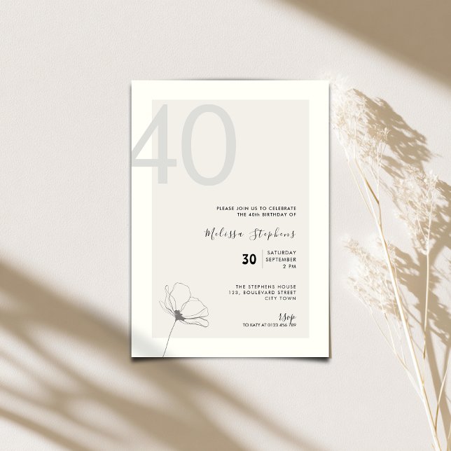 Elegant 40th Birthday Invitation - Minimal Style Einladung (Elegant 40th birthday invitation for woman with hand drawn flower.)