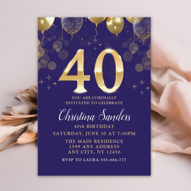 Elegant 40th Birthday Invitation with Gold Ballons Einladung (Von Creator hochgeladen)