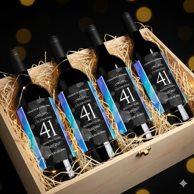 Elegant 41. Blue Topaz Hochzeitstag Weinetikett (41st Blue Topaz Wedding Anniversary Wine/Liquor Drink Labels Cover Photo)