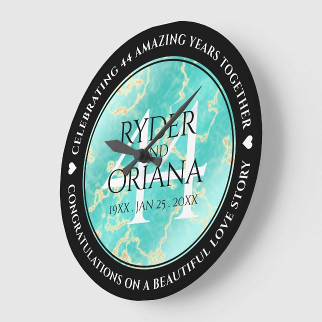 Elegant 44. Hochzeitstag in Türkis Große Wanduhr (Winkel)