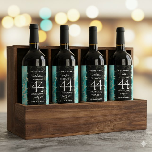 Elegant 44. Hochzeitstag in Türkis Weinetikett (44th Turquoise Wedding Anniversary Drink Labels Cover Photo)