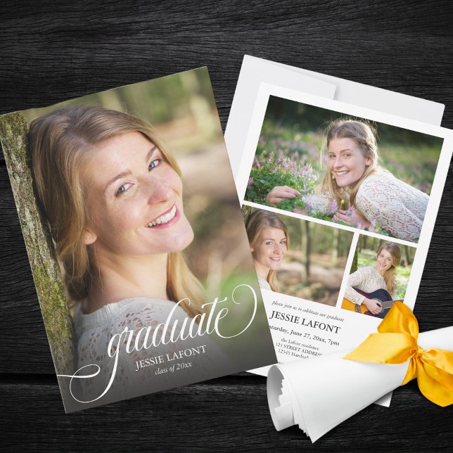 Elegant 4 Foto Calligraphy Script Abschluss Einladung (Elegant 4 custom photo script callligraphy college graduation invitation )