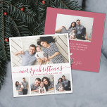 Elegant 4 Foto Collage Red White Christmas Feiertagskarte<br><div class="desc">Elegante moderne Kalligrafie Minimalistisch Weiß und Rot 4 Foto Collage Frohe Weihnachtskalligrafie Script Holiday Card. Dieses festliche, mimimalistische, whimsical vier (4) Foto Urlaubskarte Vorlage verfügt über eine hübsche Foto Collage und sagt "Frohe Weihnachten"! Der "Frohe Weihnachten"-Grußtext ist in einer schönen Hand geschrieben, Wirble Swash-Schwanz-Schriftart in Rot und Weiß. Auf der...</div>