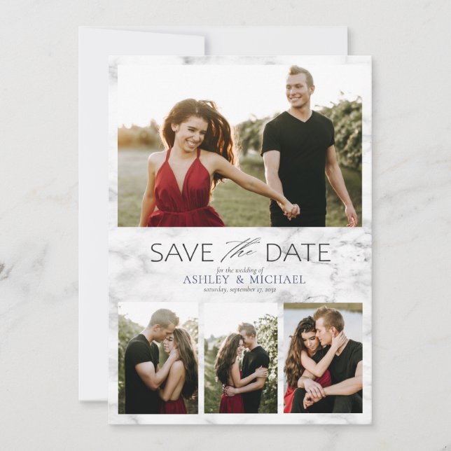 Elegant 4 Foto Marmormarmor Navy Blue Wedding Save The Date (Vorderseite)