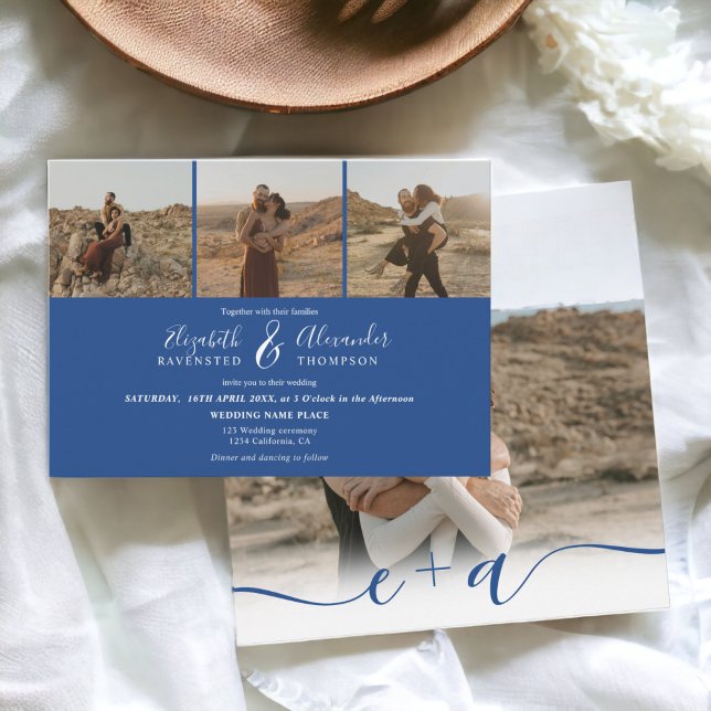 Elegant 4 Fotos moderne Drehbuch Hochzeit blau Einladung (Elegant 4 Photos modern script wedding blue white Invitation)