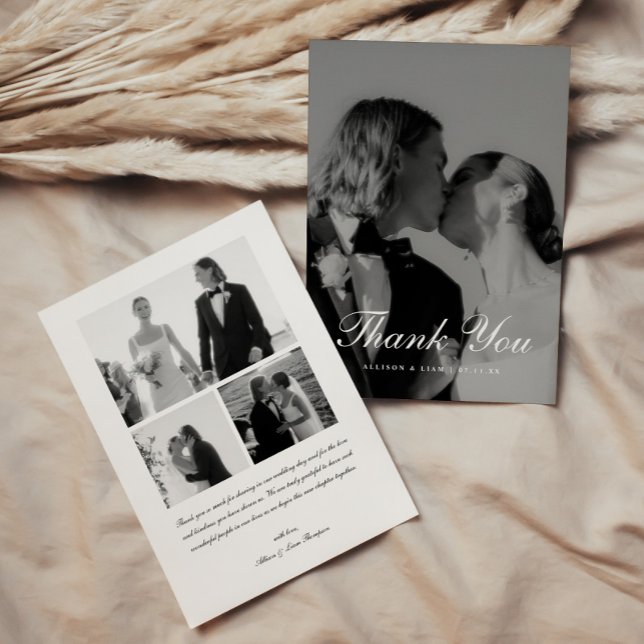 Elegant 4-Photo Black & White Script Wedding Dankeskarte (Von Creator hochgeladen)