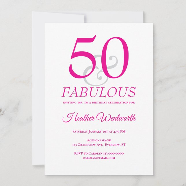 Elegant 50 and Fabulous 50th Birthday Pink Einladung (Vorderseite)