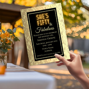 Elegant 50 & Fab Black and Gold Geburtstagsparty Einladung