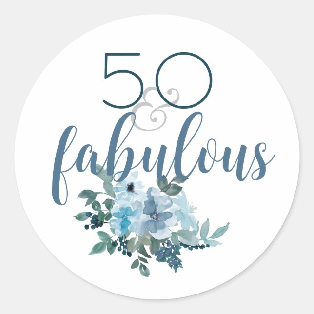 Elegant 50 & Fabulous Blue Floral Watercolor Runder Aufkleber (Vorderseite)