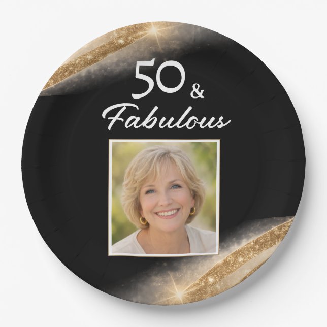 Elegant 50 & Fabulous Gold Photo Birthday Party Pappteller (Vorderseite)