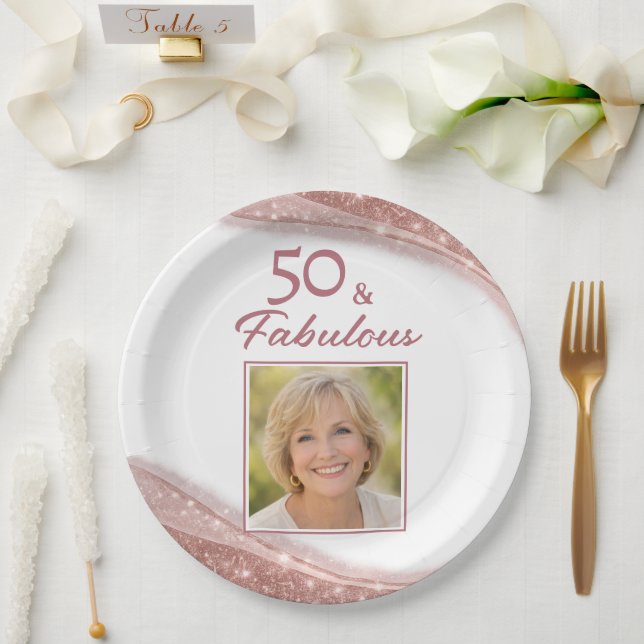 Elegant 50 & Fabulous Rose Gold Photo Birthday  Pappteller (Hochzeit)