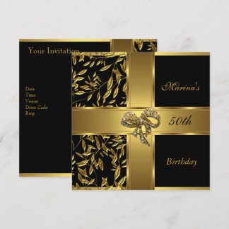 Elegant 50. Geburtstag Black Gold Floral Bow 2 Einladung
