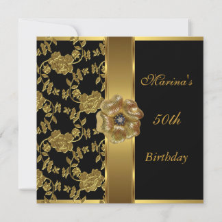 Elegant 50. Geburtstag Black Gold Floral Brocade Einladung