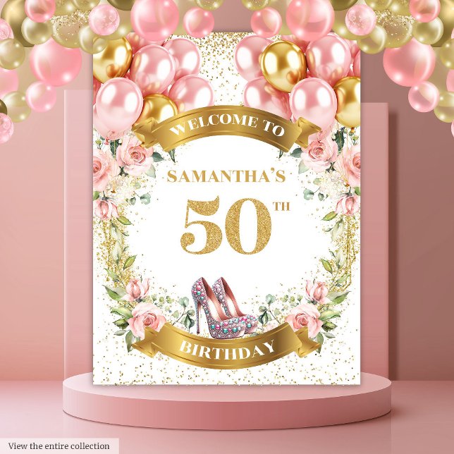 Elegant 50. Geburtstag Boho Blume Glitzer Party Wandteppich (Elegant 50th Birthday Boho Flowers Glitter Party Tapestry )