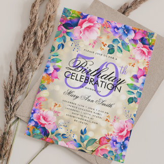 Elegant 50. Geburtstag Gold Rainbow Floral Lights Einladung