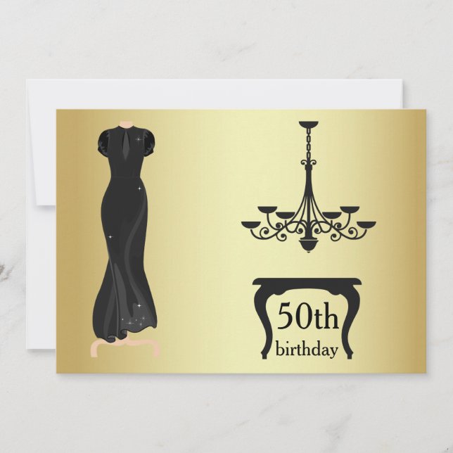 Elegant 50. Geburtstag Gold und Black Invite Einladung (Vorderseite)