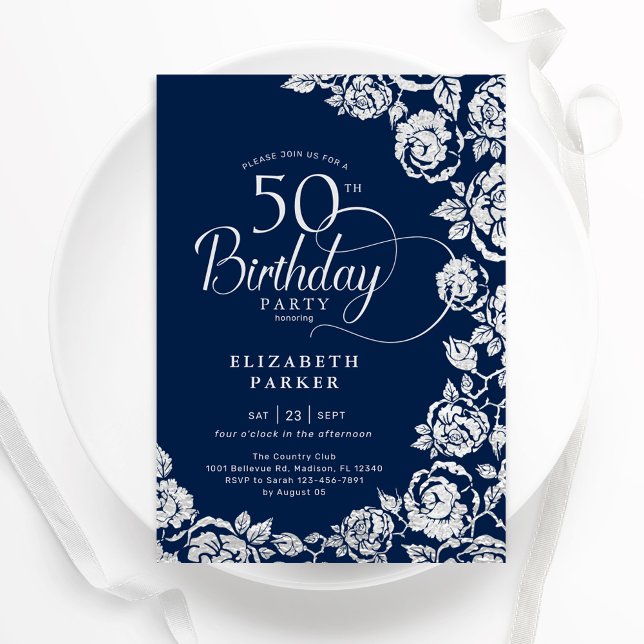 Elegant 50. Geburtstag Navy Silver Rose Einladung (Von Creator hochgeladen)
