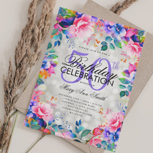Elegant 50. Geburtstag Silver Rainbow Floral Light Einladung