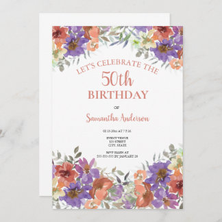 Elegant 50. Geburtstag Wasserfarbenflora Einladung