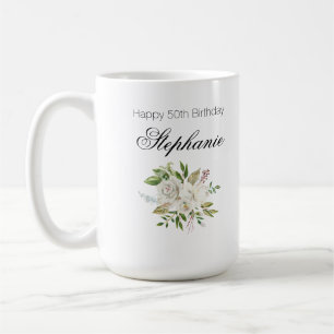 Elegant 50. Geburtstag White Floral Script Kaffeetasse