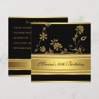 Elegant 50. Geburtstagsparty Black Gold Floral 2 Einladung