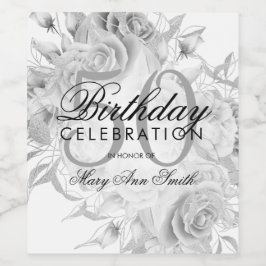 Elegant 50. Geburtstagsparty Floral Silver White Weinetikett