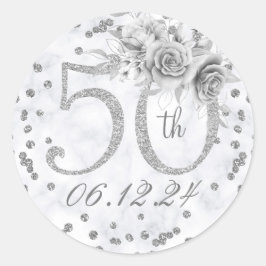 Elegant 50. Geburtstagsparty Glam Marble Silver Runder Aufkleber