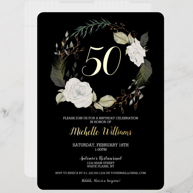 Elegant 50. Geburtstagsparty Weißer Blumenreath Folieneinladung (Elegant Black & White 50th Birthday Party Invitation, Gold Foil, Fifty)
