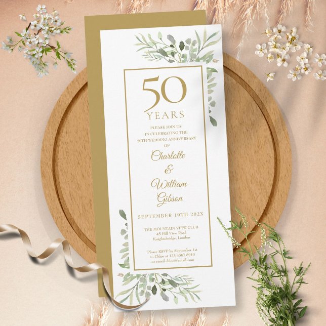 Elegant 50. Goldenes Jubiläum Wasserfarbenwelt Einladung (Elegant 50th Gold Anniversary Watercolor Greenery Invitation)