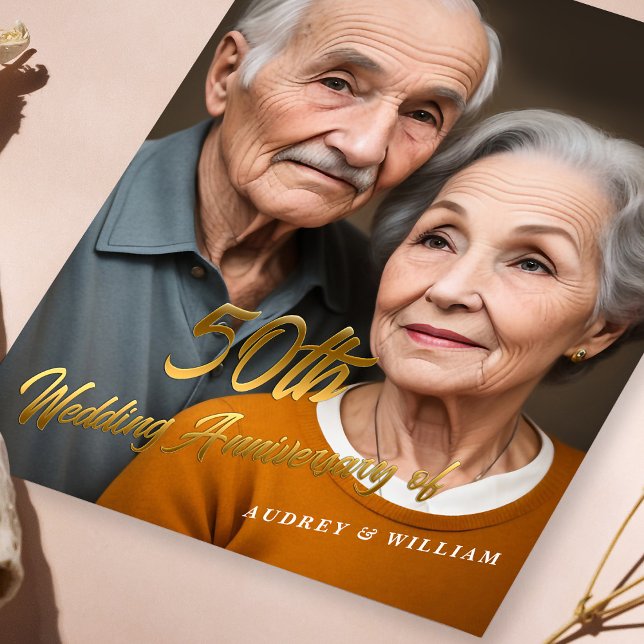 Elegant 50. Hochzeitstag : 3D Gold Script Einladung (Elegant 50th Wedding Anniversary 3D Gold Script Invitation)