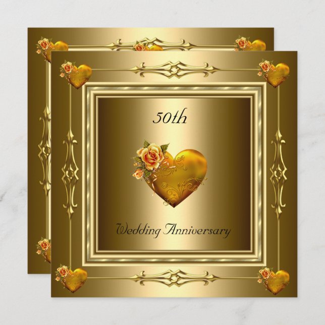 Elegant 50. Hochzeitstag Gold Hearts 2 Einladung (Vorne/Hinten)
