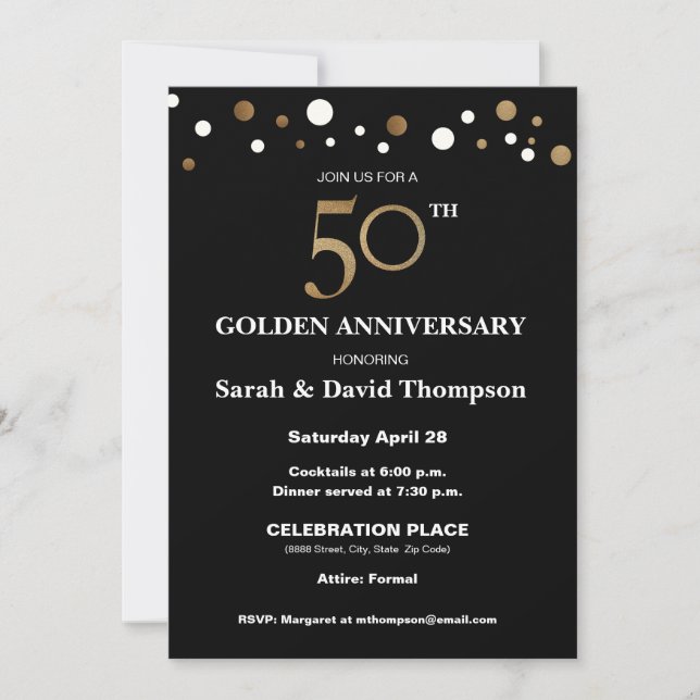 Elegant 50. Hochzeitstag Gold und schwarz Einladung (Vorderseite)