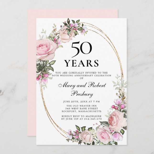 Elegant 50 Jahre Jubiläum Pink Rose Floral Einladung (Vorne/Hinten)