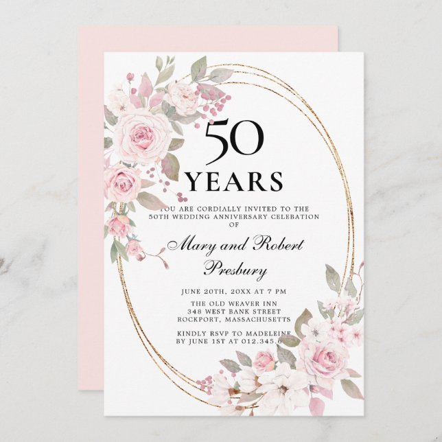 Elegant 50 Jahre Jubiläum Rosa Rosenblütenladen Einladung (Vorne/Hinten)