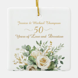 Elegant 50 Jahre Jubiläum White Roses Gold Rings Keramikornament