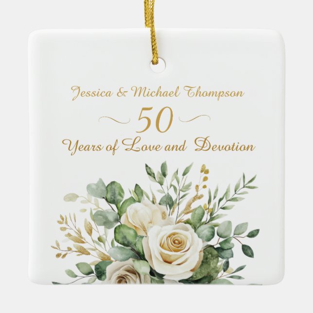 Elegant 50 Jahre Jubiläum White Roses Gold Rings Keramikornament (Vorderseite)