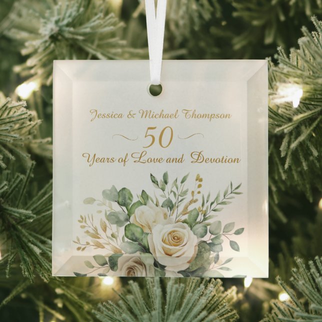 Elegant 50 Jahre Jubiläum White Roses Gold Rings Ornament Aus Glas (Insitu)