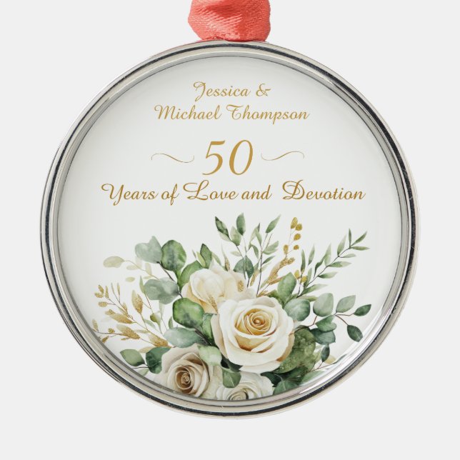 Elegant 50 Jahre Jubiläum White Roses Gold Rings Ornament Aus Metall (Vorne)