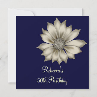 Elegant 50. Navy Blue Beige Blume Geburtstagsparty Einladung