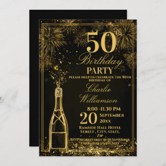 Elegant 50th Birthday Gold Bottle Fizz Einladung