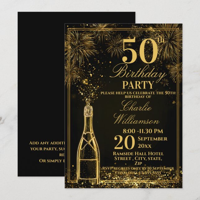 Elegant 50th Birthday Gold Bottle Fizz Einladung (Vorne/Hinten)