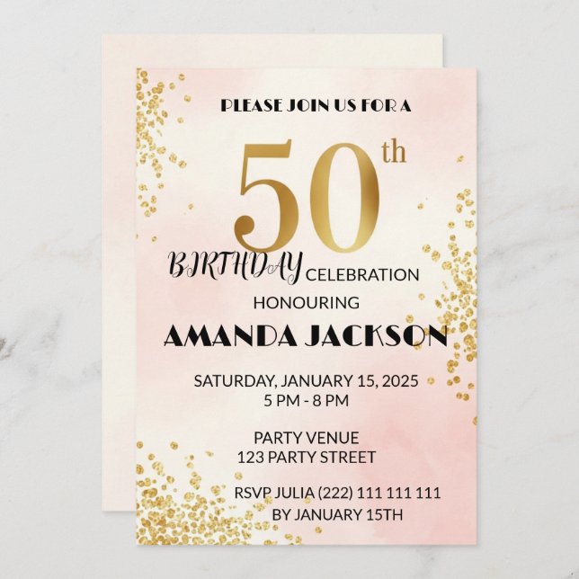 Elegant 50th Birthday Party Invitation Gold & Pink Einladung (Vorne/Hinten)