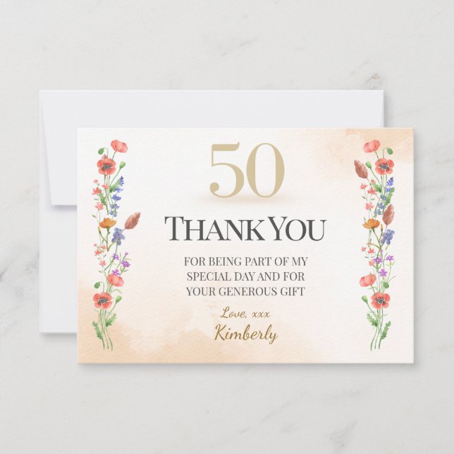 Elegant 50th Birthday – Wildflower Design Dankeskarte (Vorderseite)