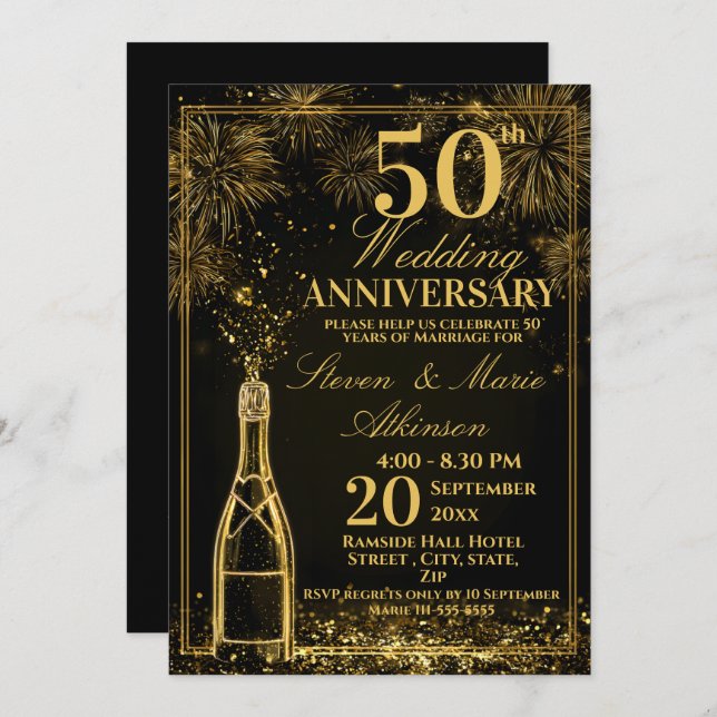 Elegant 50th Wedding Anniversary Gold Bottle Fizz Einladung (Vorne/Hinten)
